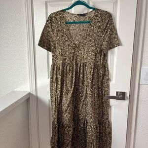 ZARA Brown/Green Floral Midi Dress Size S Flowy Boho Style